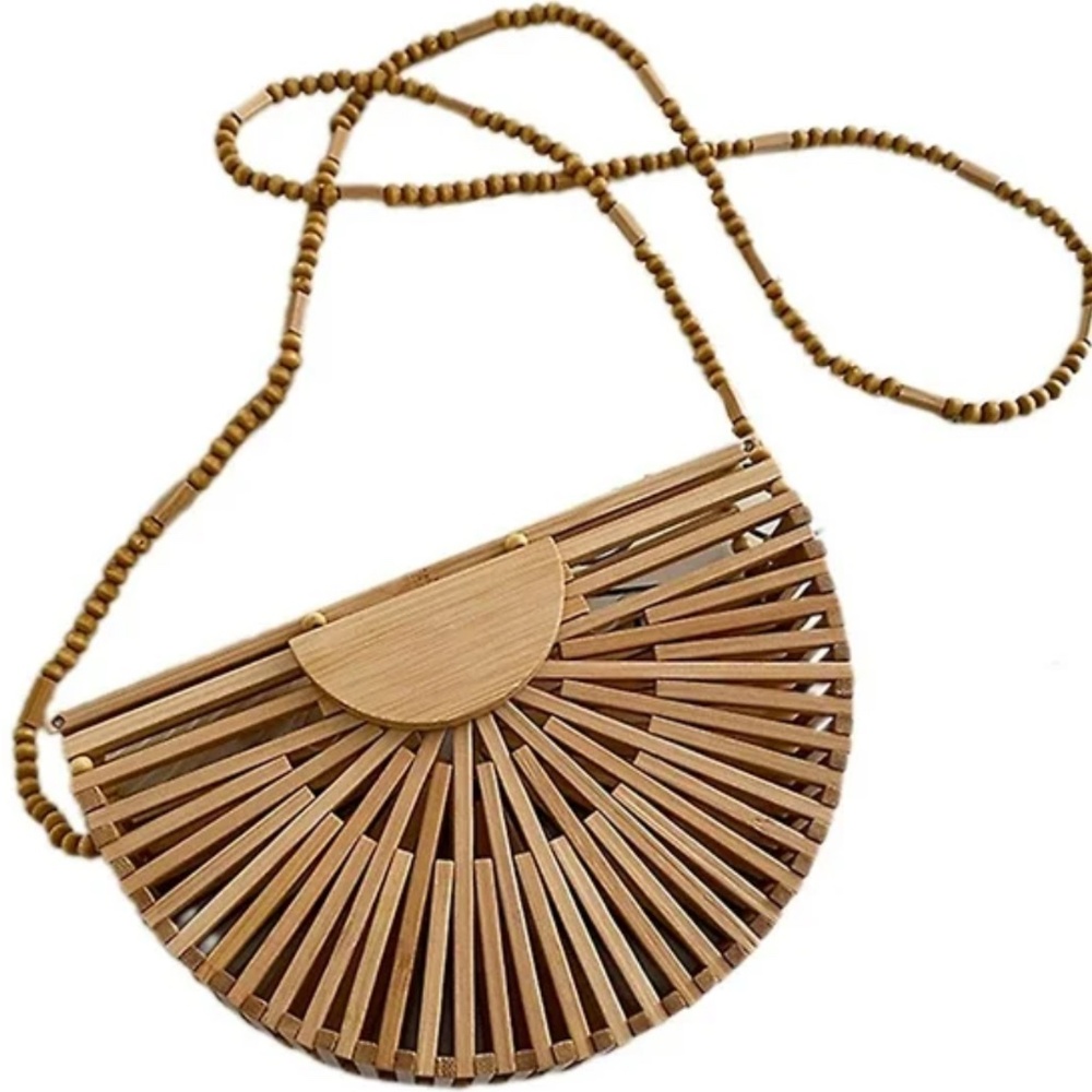 Cult Gaia style tan bamboo mini bag